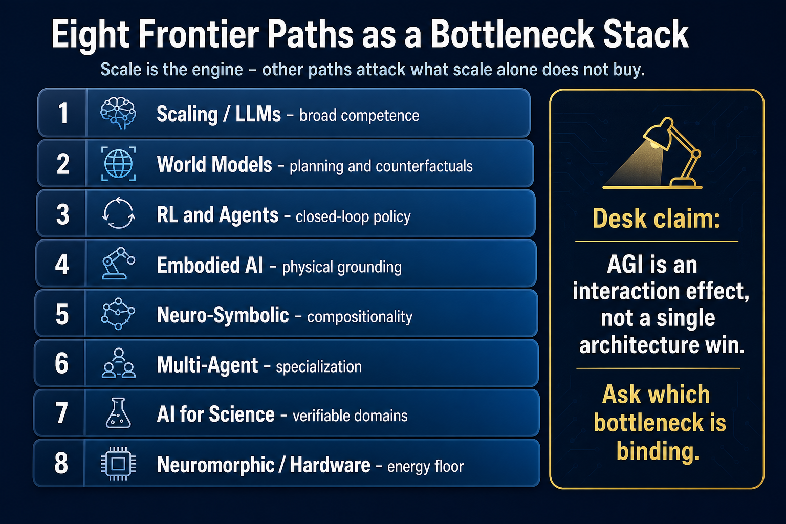 Eight Frontier paths stacked as interacting layers: scaling, world models, RL and agents, embodiment, neuro-symbolic structure, multi-agent coordination, AI for science, and neuromorphic hardware