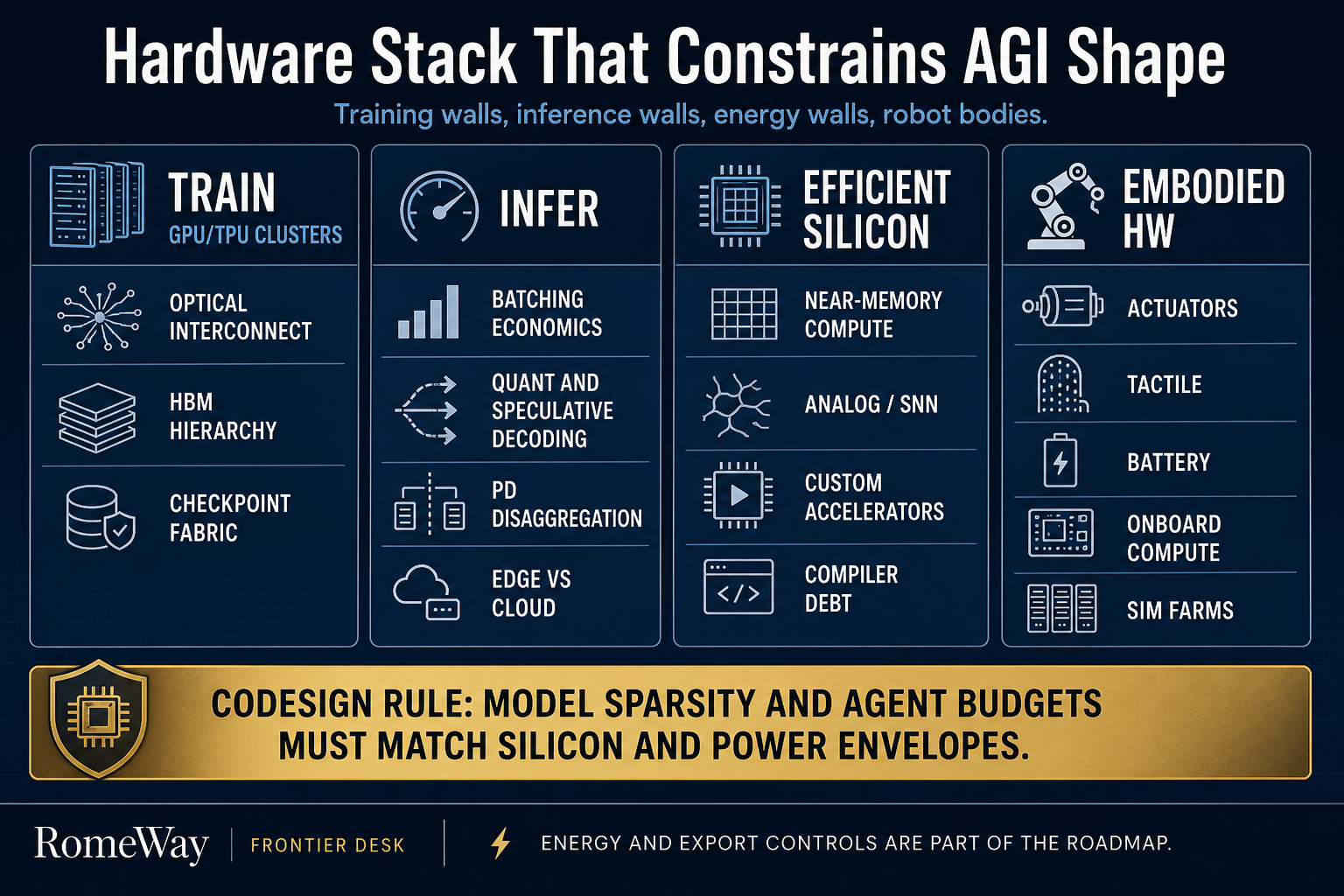 Hardware stack constraining AGI shape: train clusters, inference economics, efficient silicon, and embodied hardware under a codesign rule