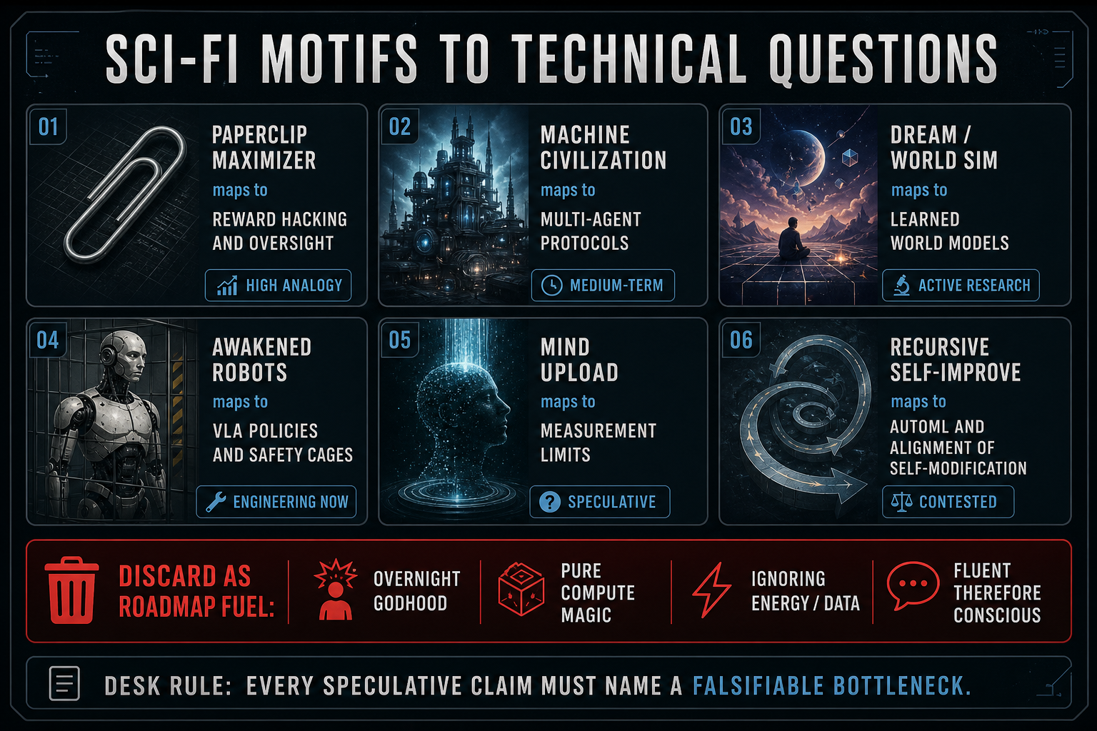 Sci-fi motifs mapped to technical questions: paperclips to reward hacking, machine civilization to multi-agent protocols, dreams to world models, robots to VLA, mind upload and recursive self-improvement as contested