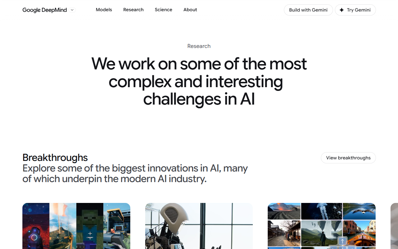 Live capture of Google DeepMind’s public research page, showing science, agents, and large-model work