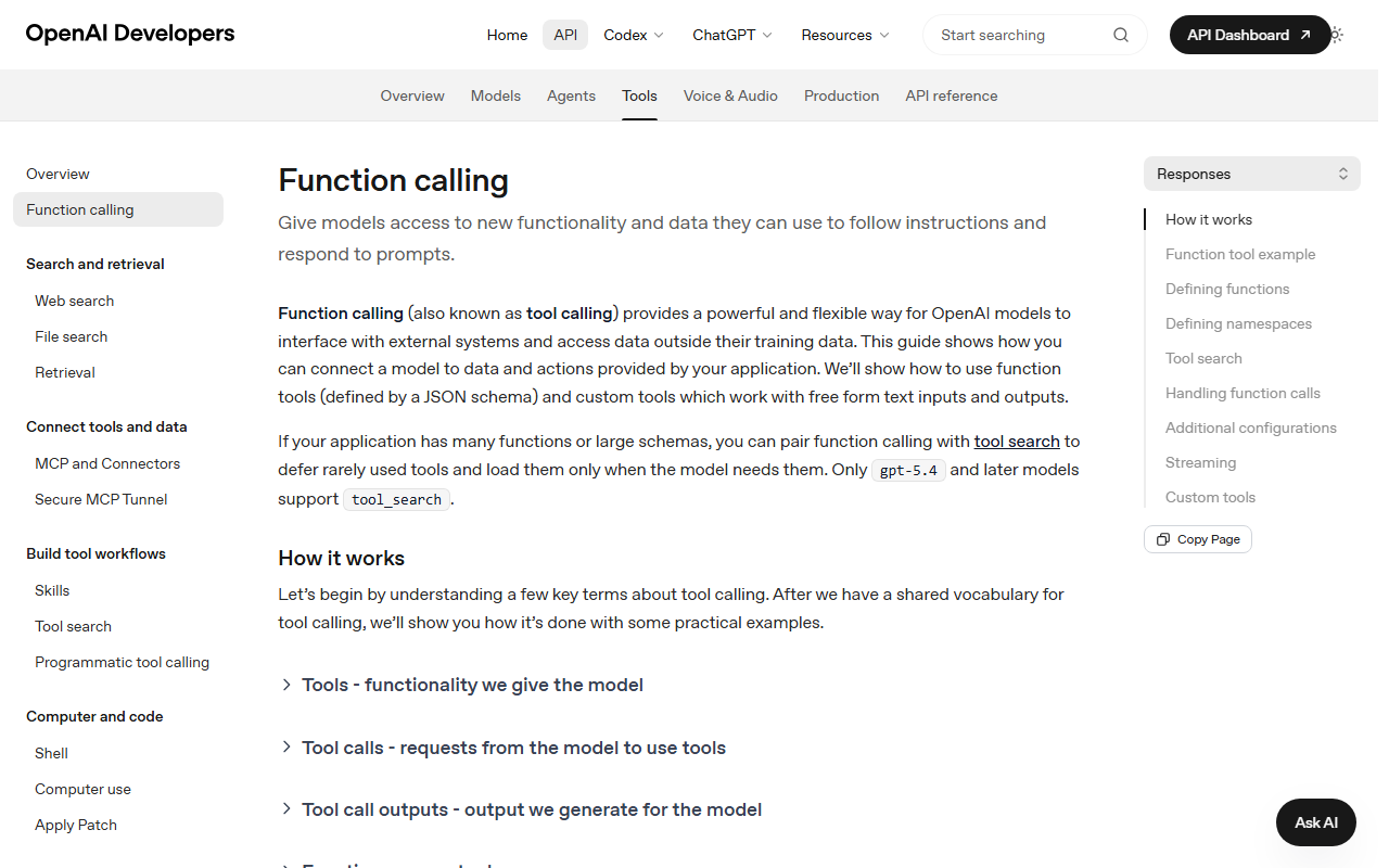 Screenshot of OpenAI function calling documentation for tool-using models