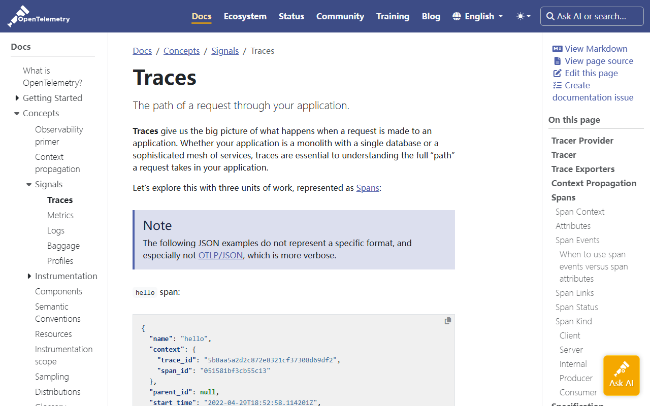 Screenshot of OpenTelemetry traces concept documentation for distributed tracing signals