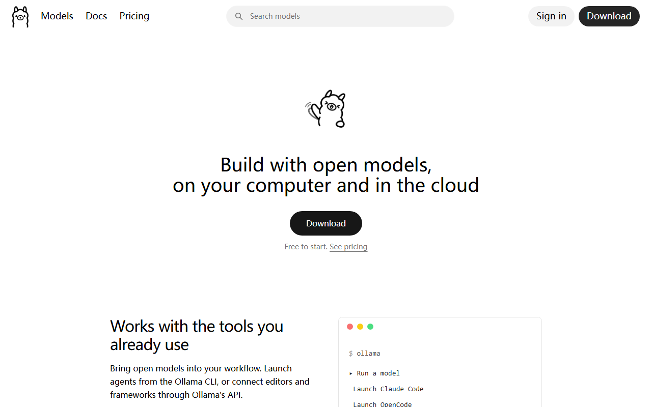 Live screenshot of ollama.com homepage with Download button
