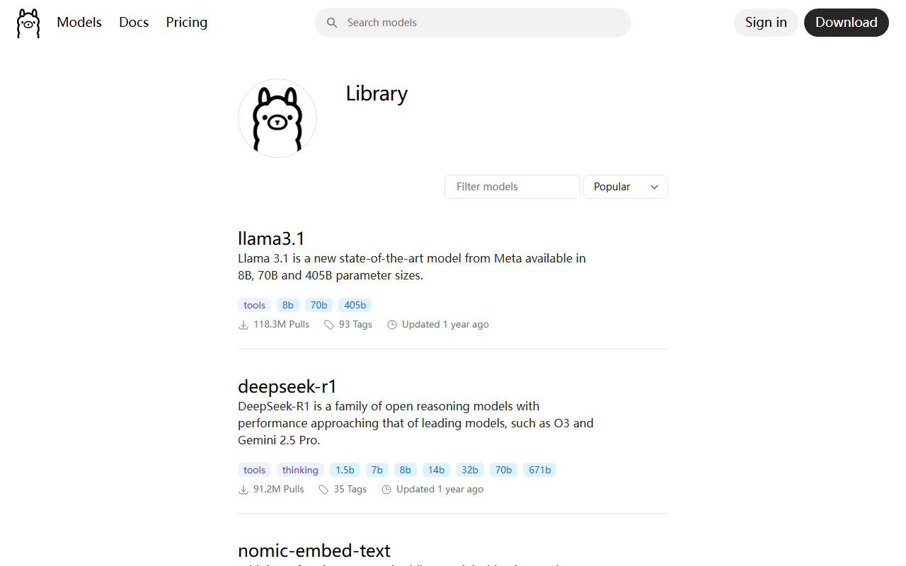 Live screenshot of Ollama Models library page