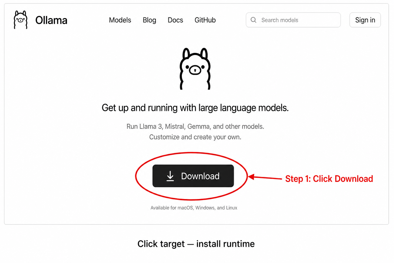 Annotated guide highlighting Step 1 click Download on an Ollama-like homepage
