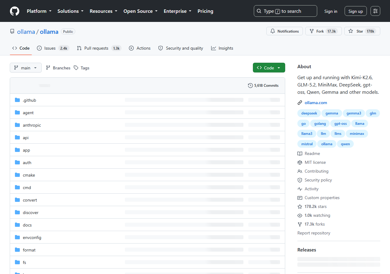 Live screenshot of Ollama GitHub README quickstart section with install and run commands
