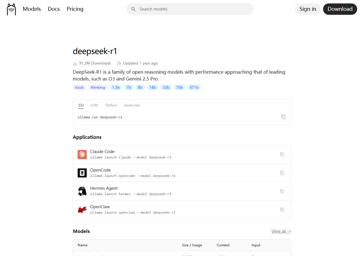 Live screenshot of Ollama deepseek-r1 model detail page