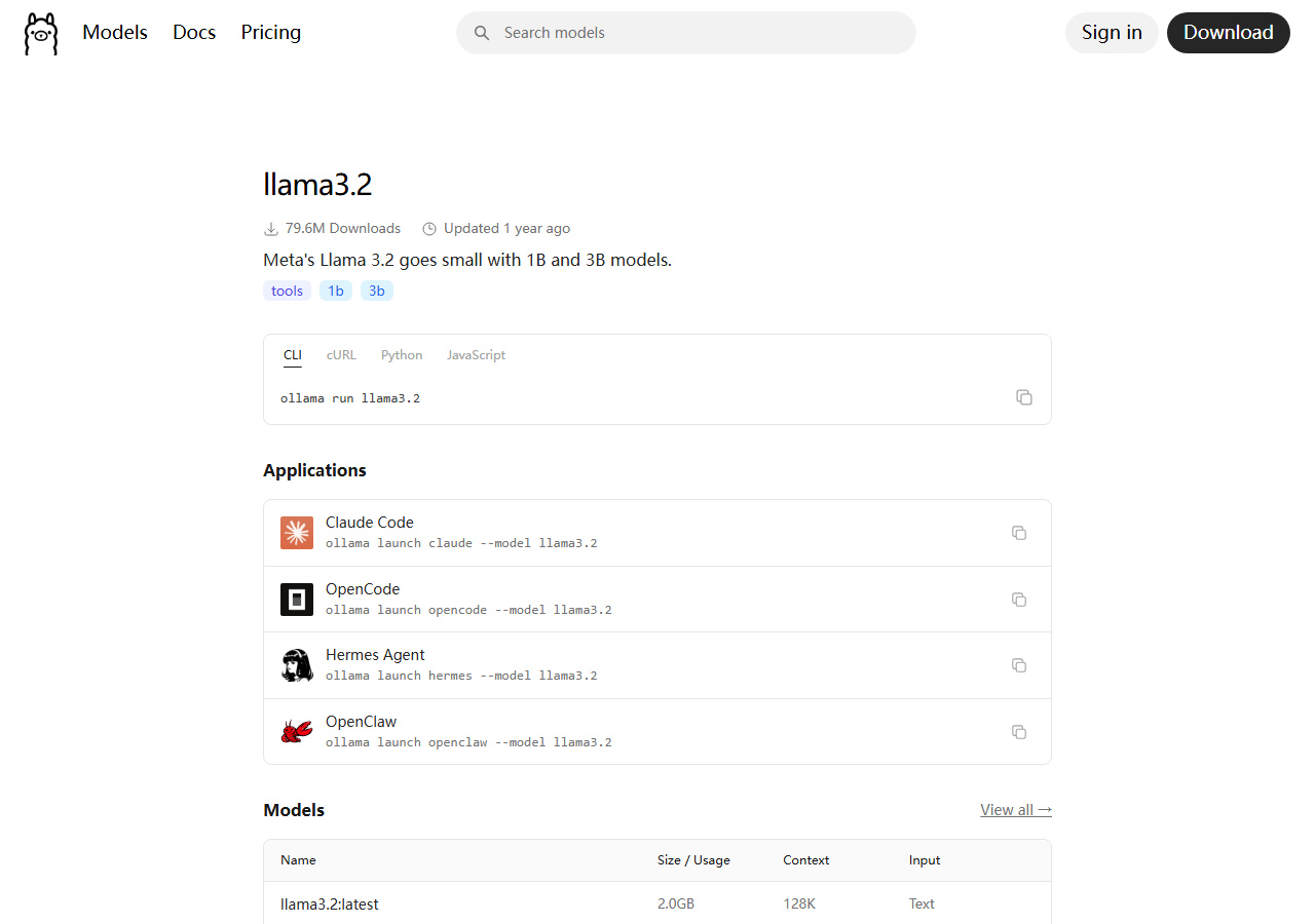 Live screenshot of Ollama llama3.2 model detail page with pull instructions